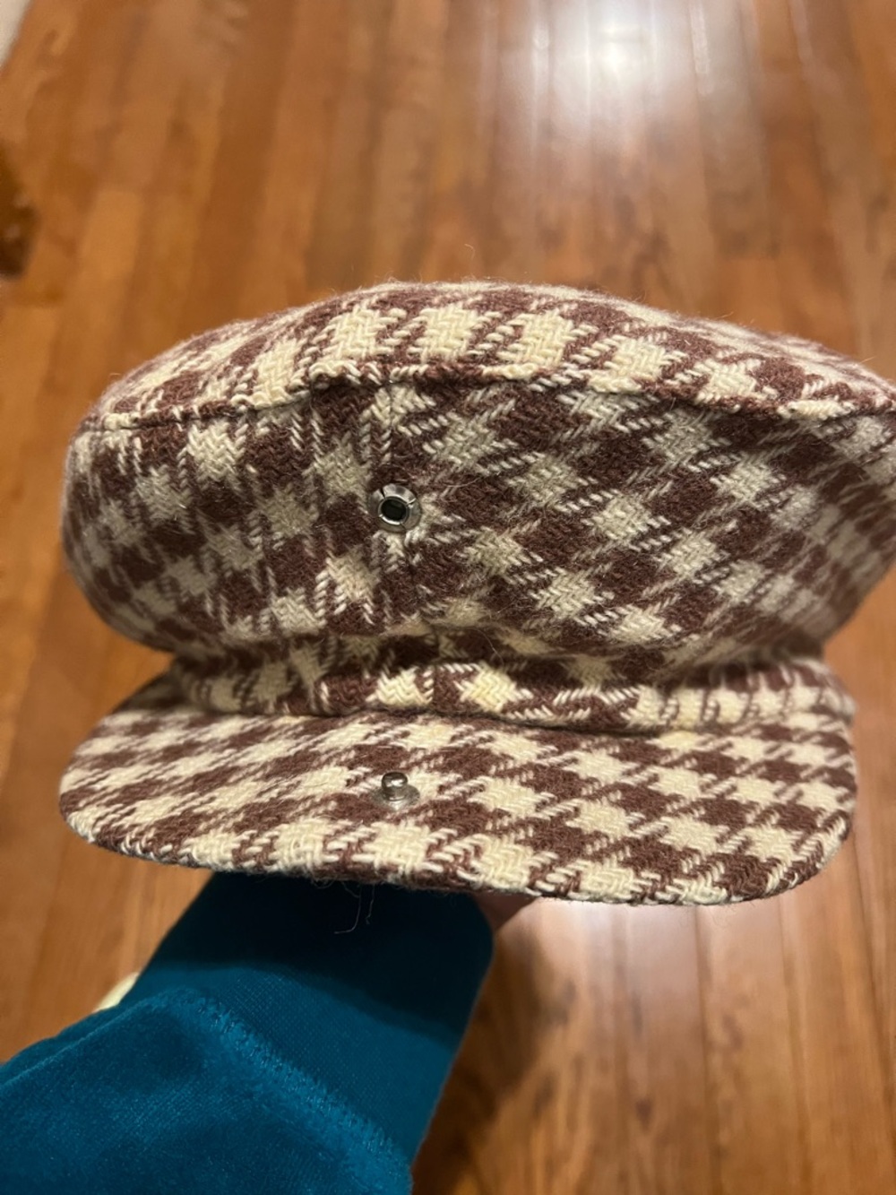 Vintage Brown and Cream Houndstooth Baker  Cap